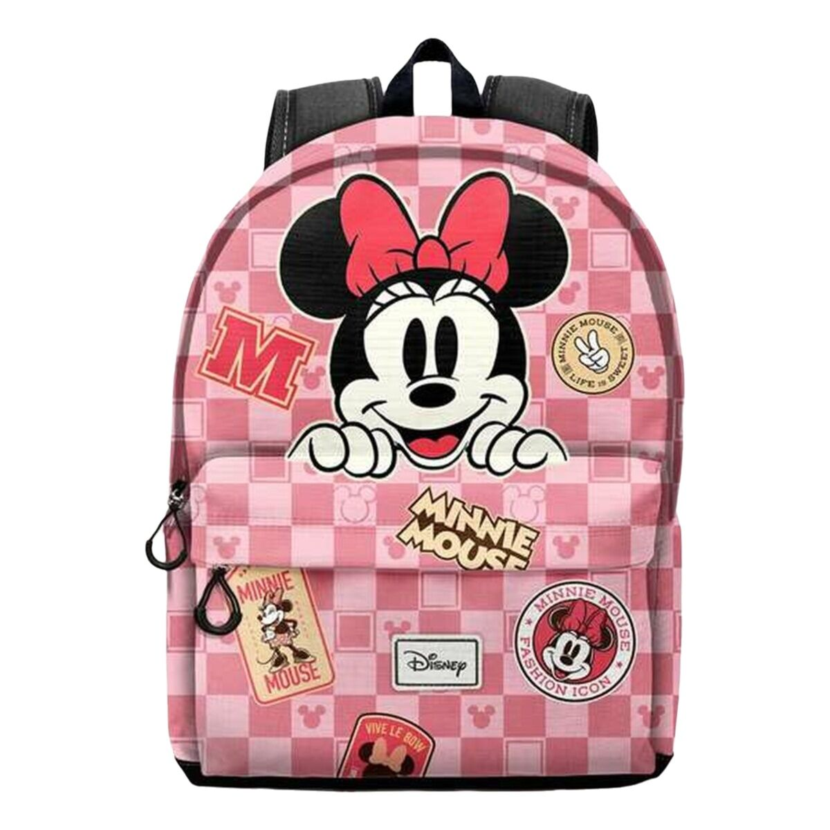 Mochila rosa a cuadros de Minnie Mouse con estampados y logotipo de Disney.