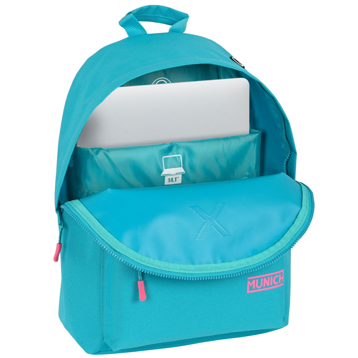 Mochila turquesa con compartimento abierto y ordenador dentro.