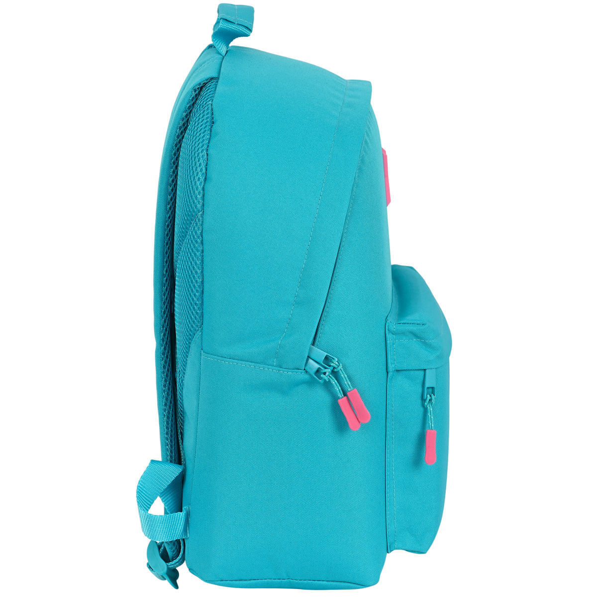 Vista lateral de una mochila turquesa con tiradores de cremallera rosados sobre fondo blanco.