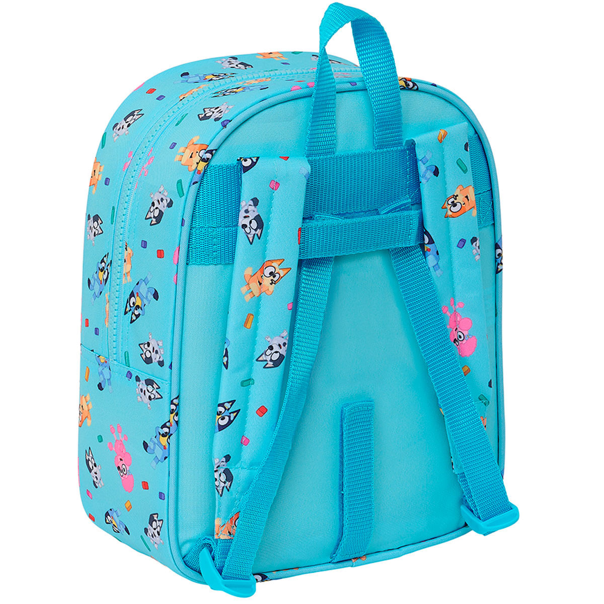 Mochila infantil azul claro con estampado de Bluey, correas para los hombros y asa superior.