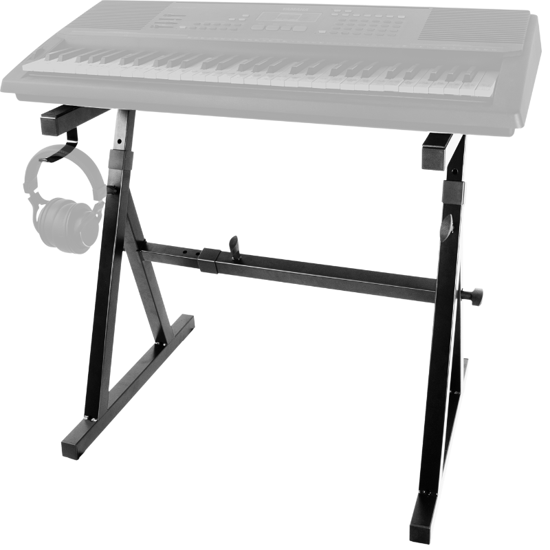 Schwarzer Keyboardständer mit Kopfhörerhalter und Keyboard auf weißem Grund.