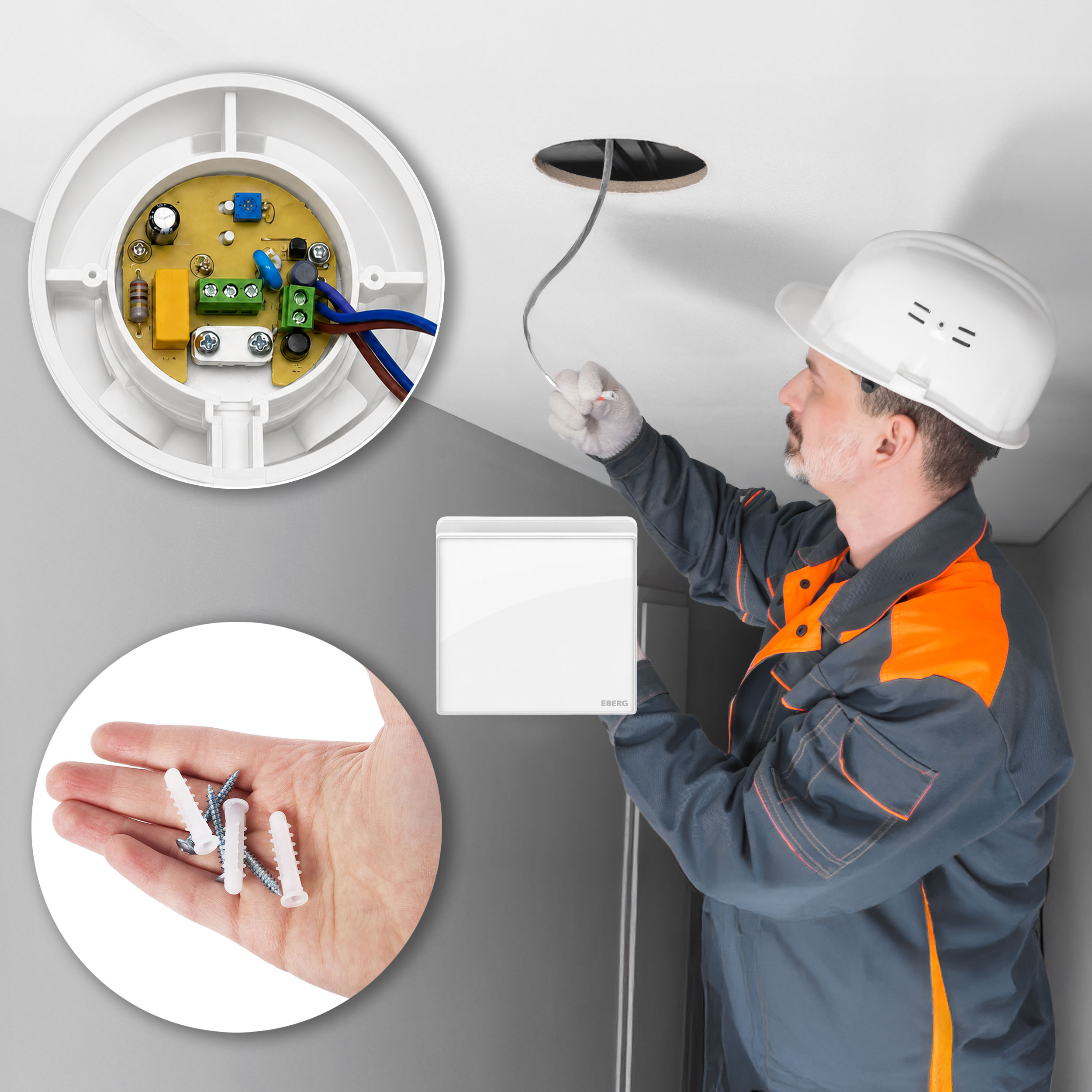 Technik instaluje lampę sufitową, pokazując układ wewnętrzny, wyłącznik i kołki montażowe.