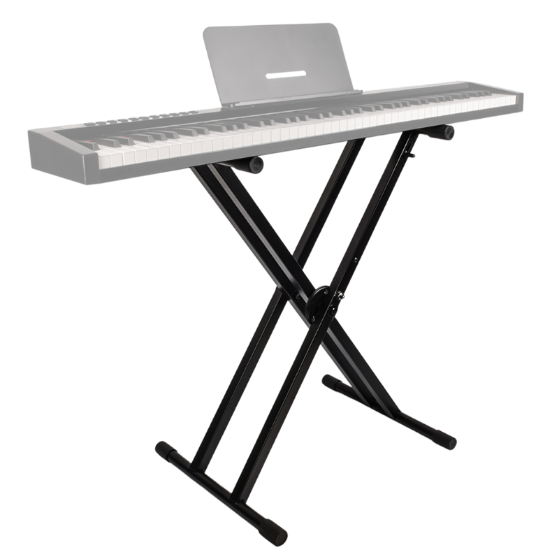 Ein schwarzer X-förmiger Keyboardständer mit einem Digitalpiano vor weißem Hintergrund.