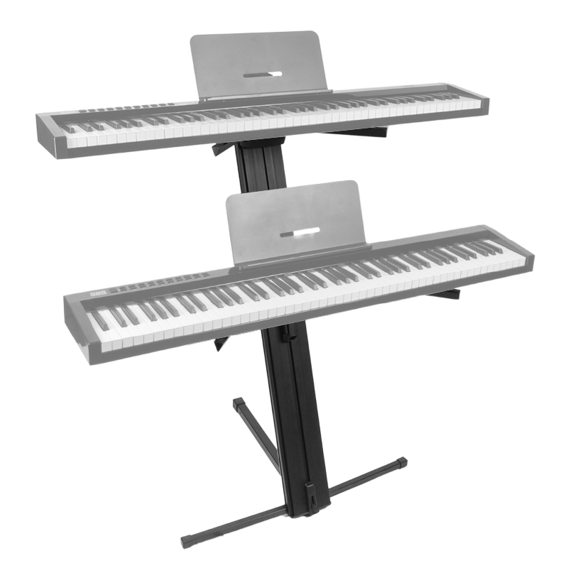 Ein schwarzer Doppel-Keyboardständer mit zwei E-Pianos und Notenständern auf weißem Grund.