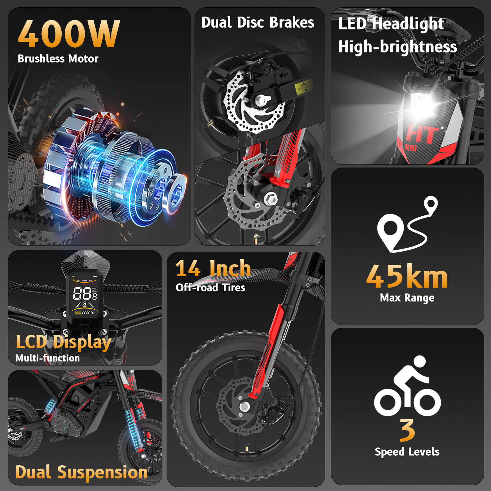 Una imagen con piezas de patinete eléctrico como motor, frenos, pantalla y neumáticos.