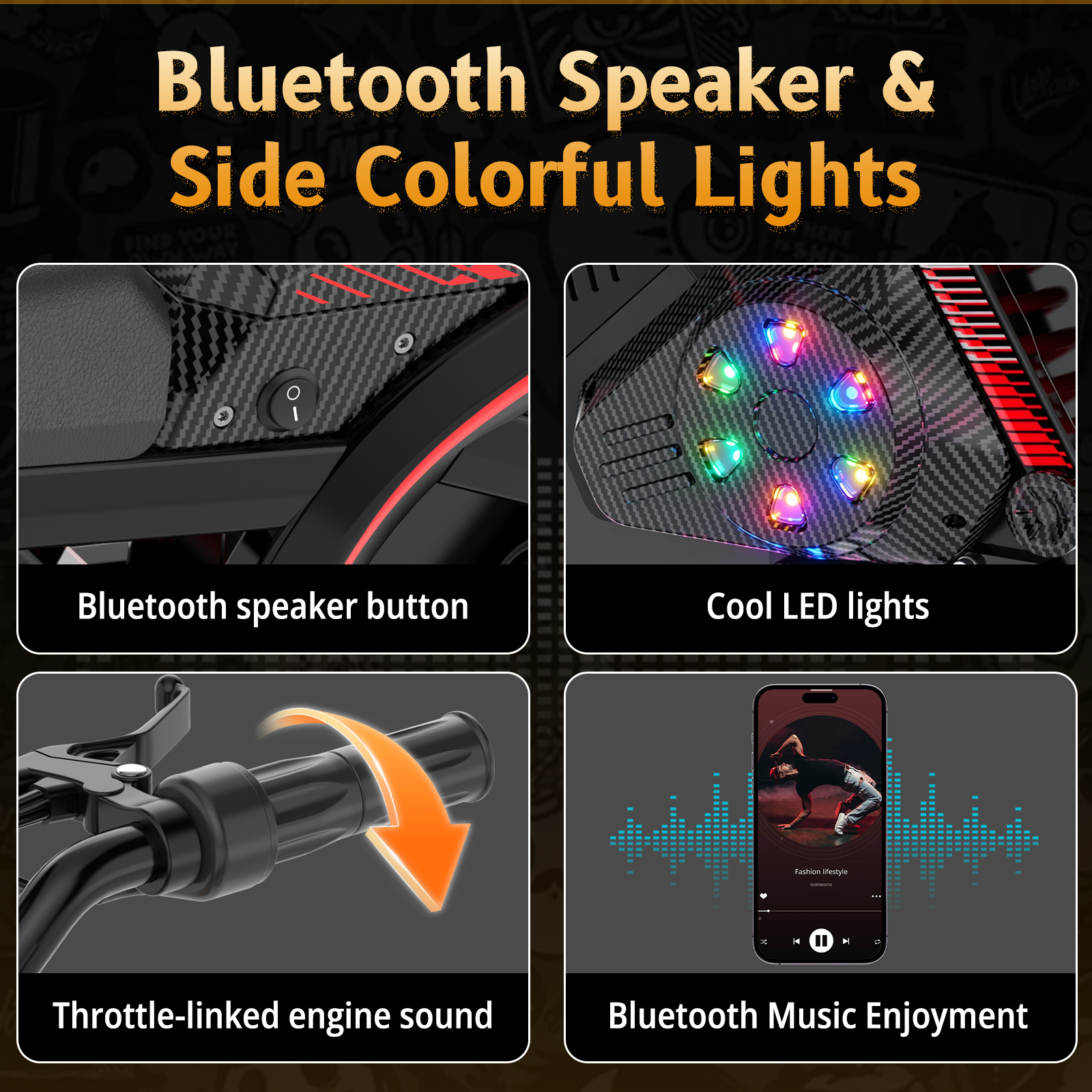 Altavoz Bluetooth, luces LED coloridas, sonido de motor vinculado al acelerador y reproducción de música.