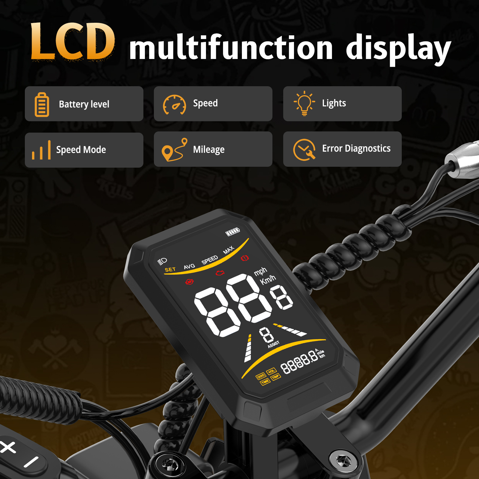 Pantalla multifunción LCD con iconos de batería, velocidad, luces, modo, kilometraje y diagnóstico de errores.