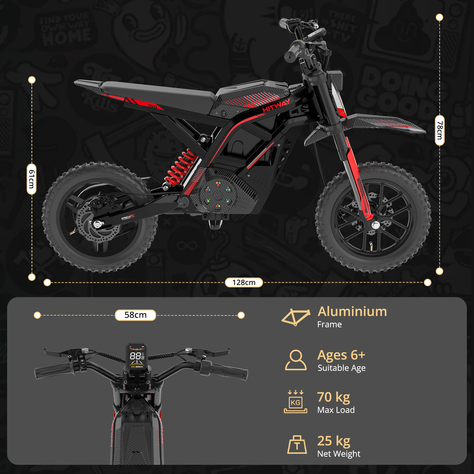 Una minimoto eléctrica infantil negra con detalles rojos y dimensiones sobre un fondo oscuro.