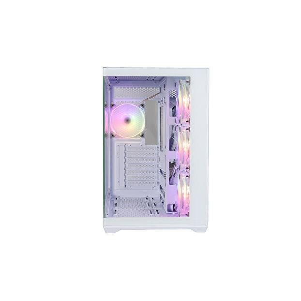 Beyaz arkaplan üzerinde RGB fanlara ve gorunur ic kısma sahip beyaz bir PC kasası.
