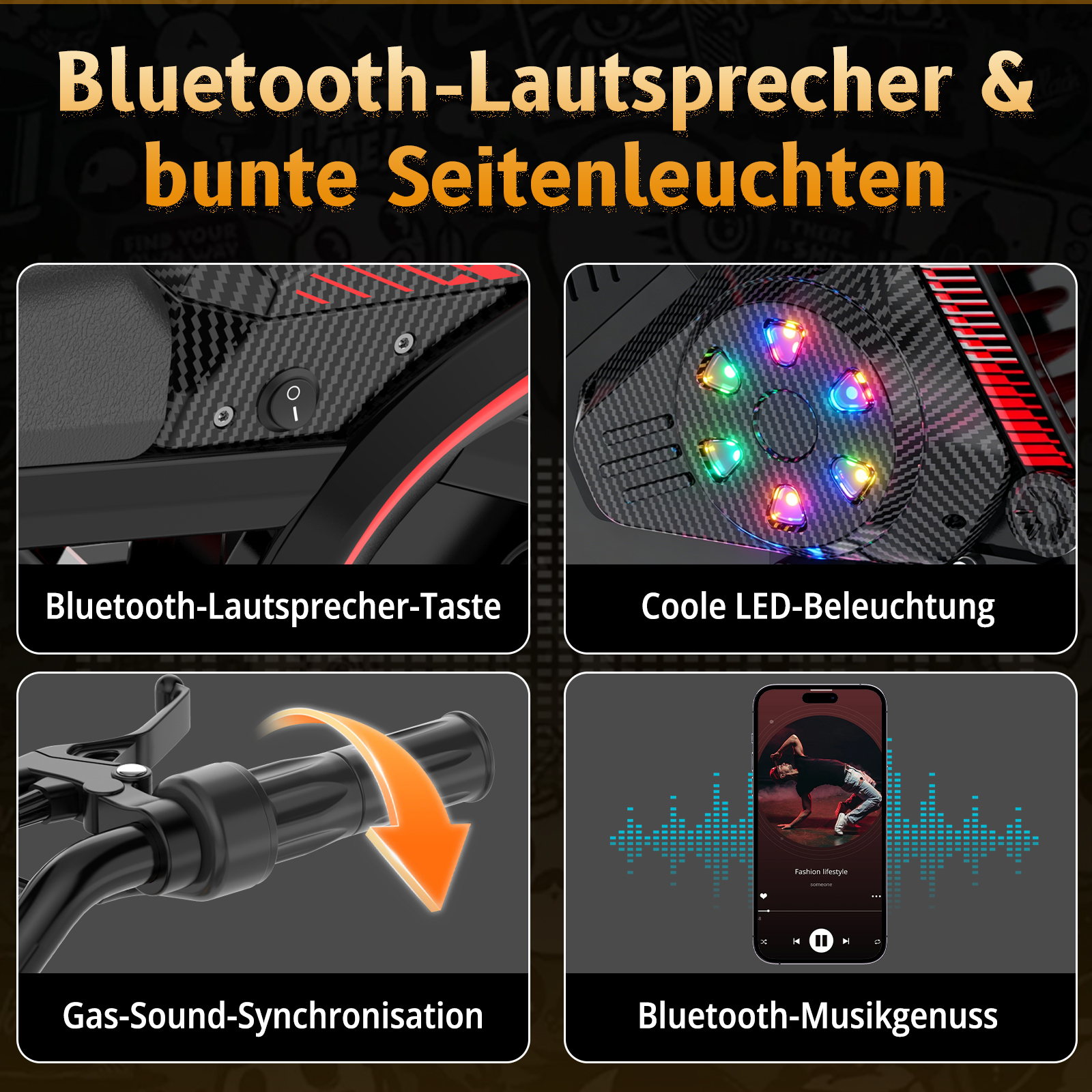 Bluetooth-Lautsprecher und bunte Seitenleuchten, Schalter, LED-Beleuchtung, Gas-Sound-Synchronisation und Musikgenuss.