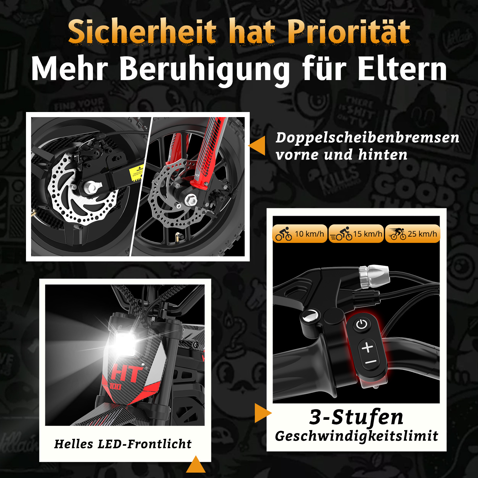 Ein E-Bike mit Doppelscheibenbremsen, hellem LED-Frontlicht und 3-Stufen-Geschwindigkeitslimit.