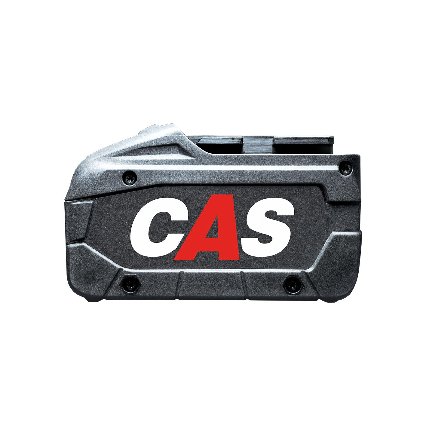 Schwarzer Werkzeugakku mit weiß-rotem CAS-Logo und vier Schrauben auf weißem Hintergrund.