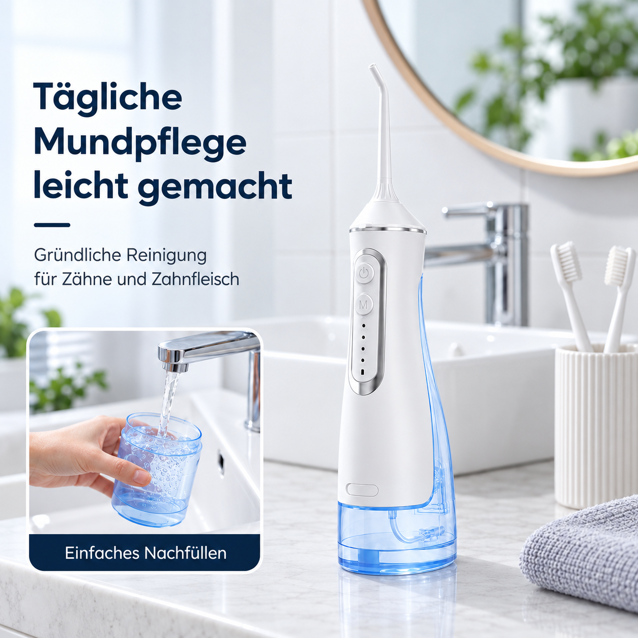 Eine weiße und blaue Munddusche steht auf einem Waschbecken in einem Badezimmer, mit Text auf der linken Seite.