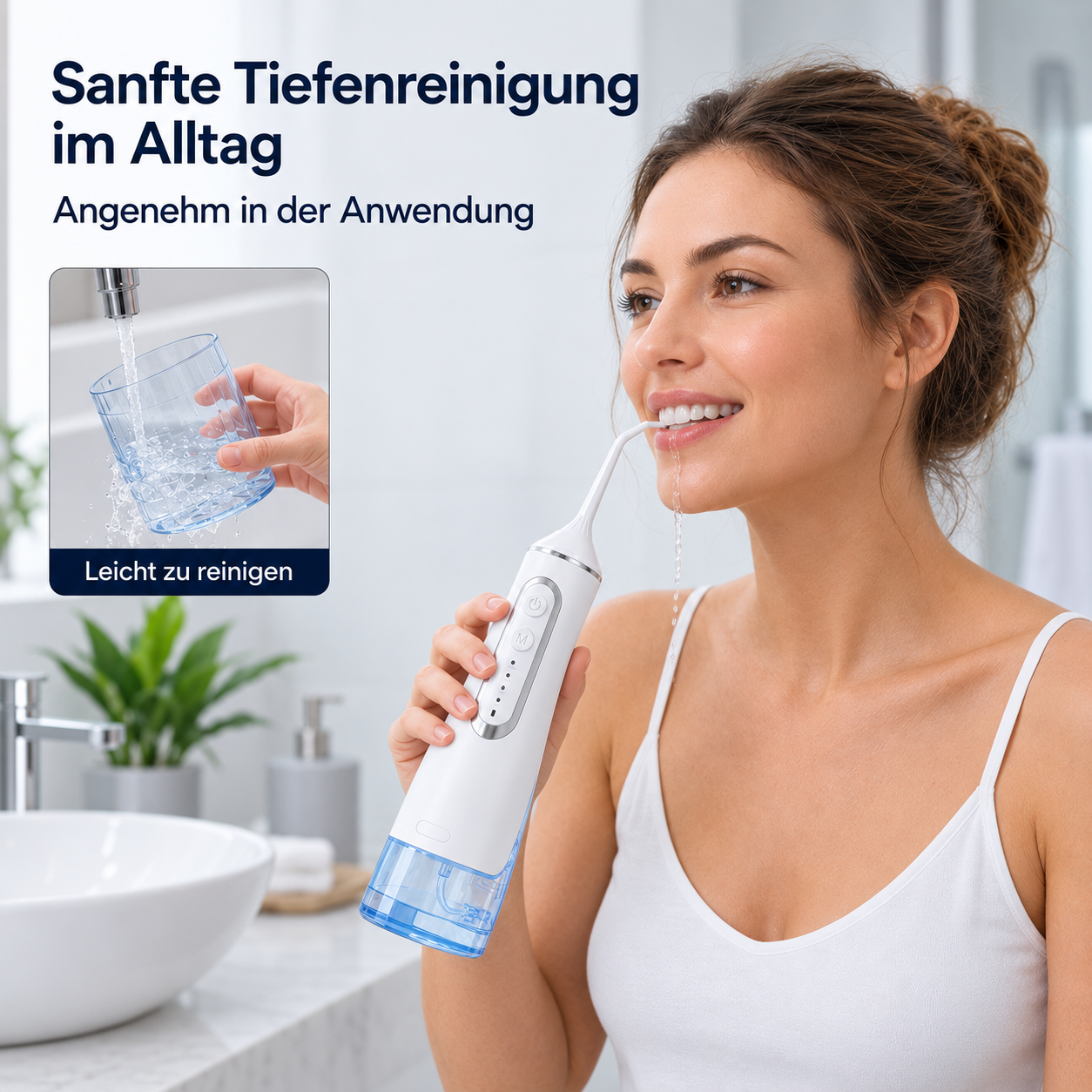 Eine Frau benutzt eine weiße und blaue Munddusche im Badezimmer mit Texten.