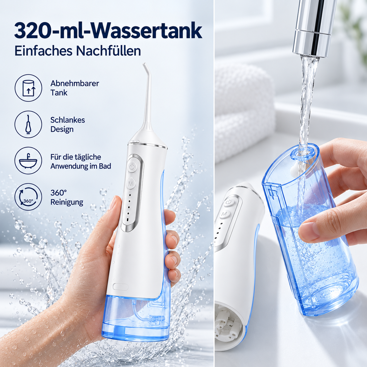Eine Hand hält eine weiße und blaue Munddusche mit Text und Symbolen daneben, rechts füllt jemand den Wassertank.