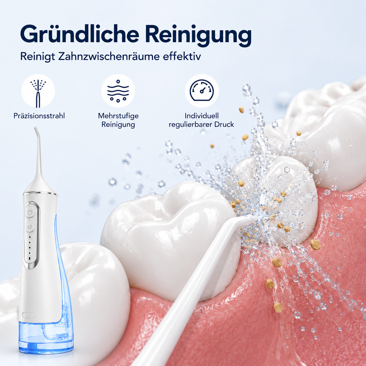 Eine Munddusche reinigt Zähne und Zahnzwischenräume mit einem präzisen Wasserstrahl.