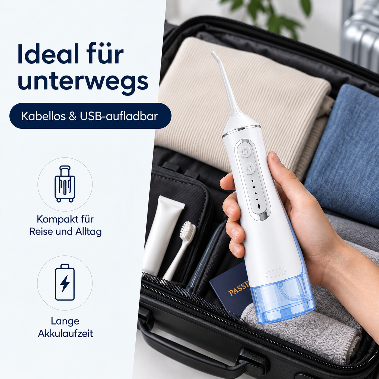 Hand hält weiße kabellose Munddusche über offenem Koffer mit Kleidung.