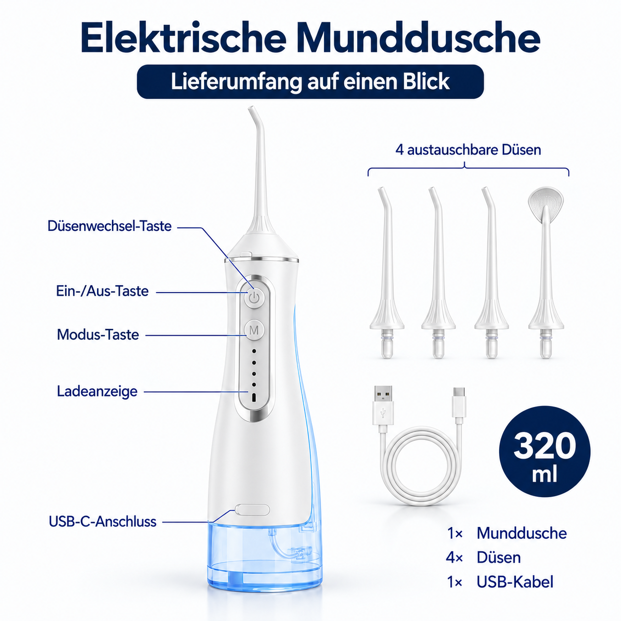Weiße elektrische Munddusche mit vier Aufsätzen, USB-Kabel und 320 ml Tankinhalt, inklusive deutscher Beschriftung.