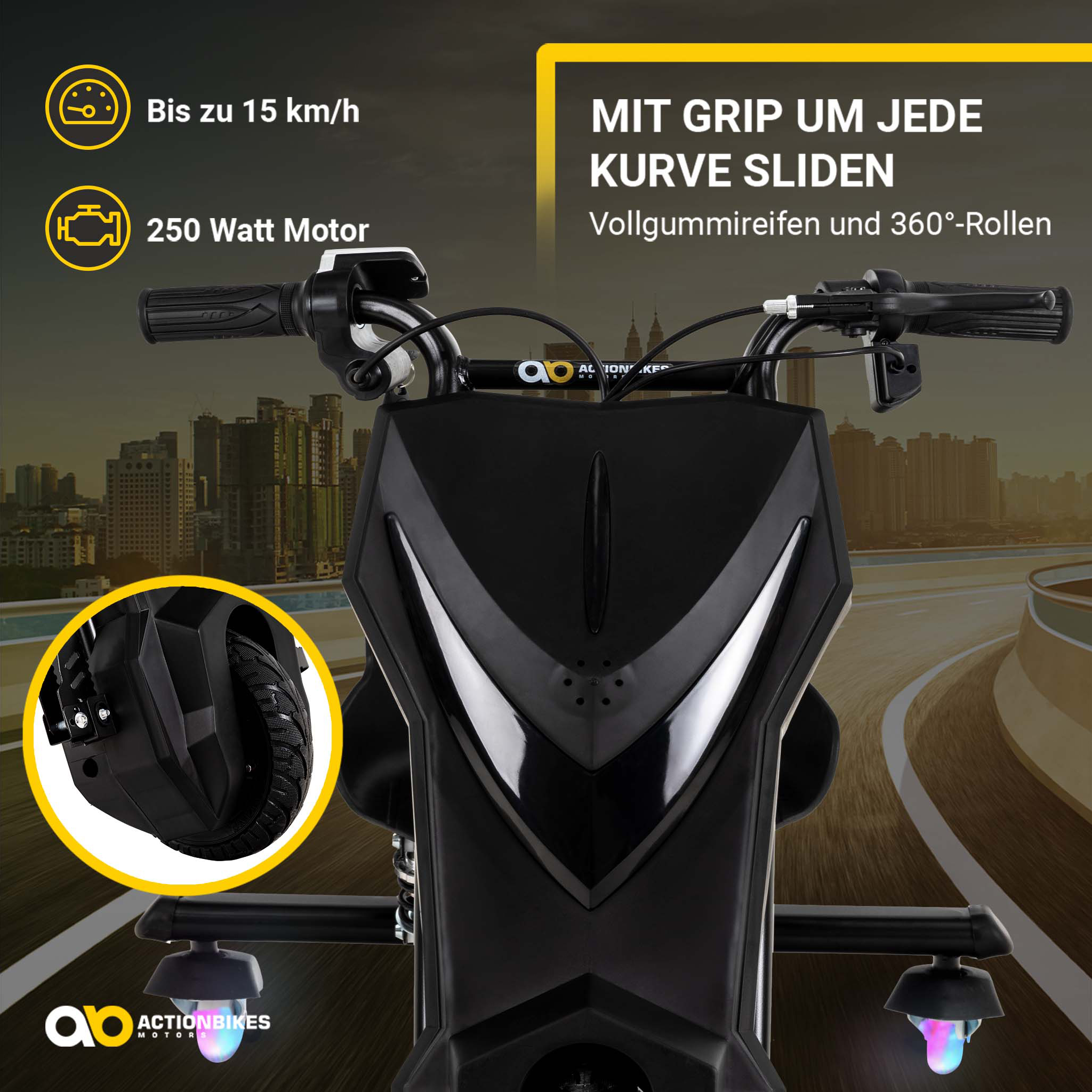 Vorderansicht eines Drift-Trikes mit deutschem Werbetext vor verschwommenem Stadthintergrund.