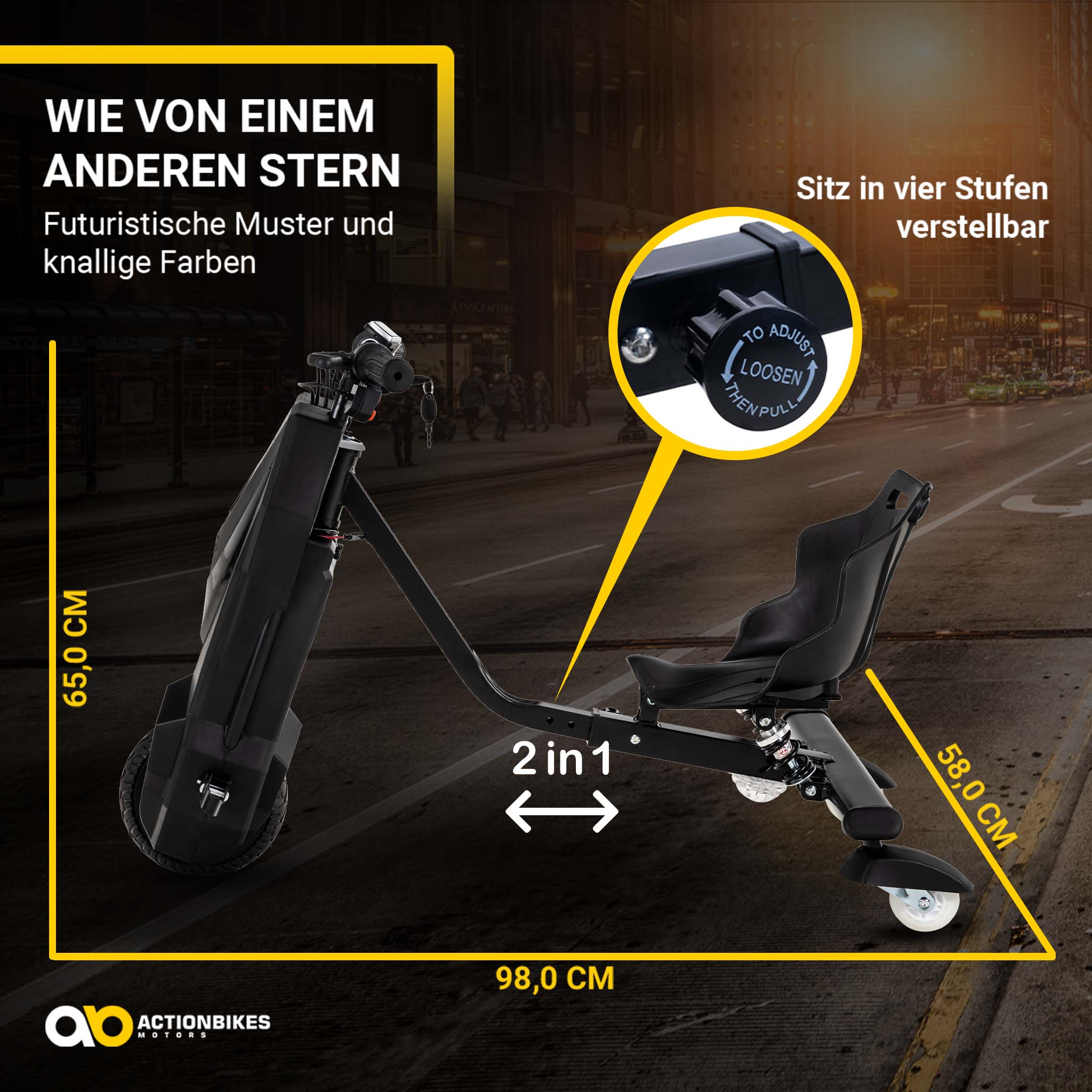 Ein schwarzer Drift-Scooter mit Maßen, verstellbarem Sitz und Zoom auf den Einstellknopf.