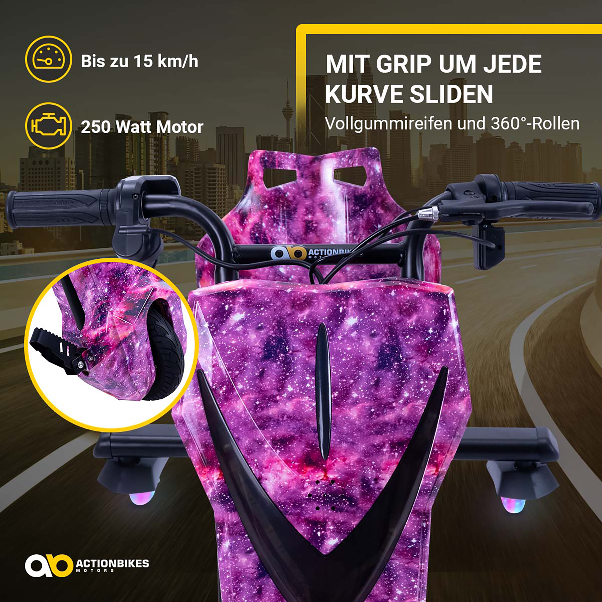 Violettes Go-Kart mit Galaxie-Muster und Text auf schwarzem Hintergrund.