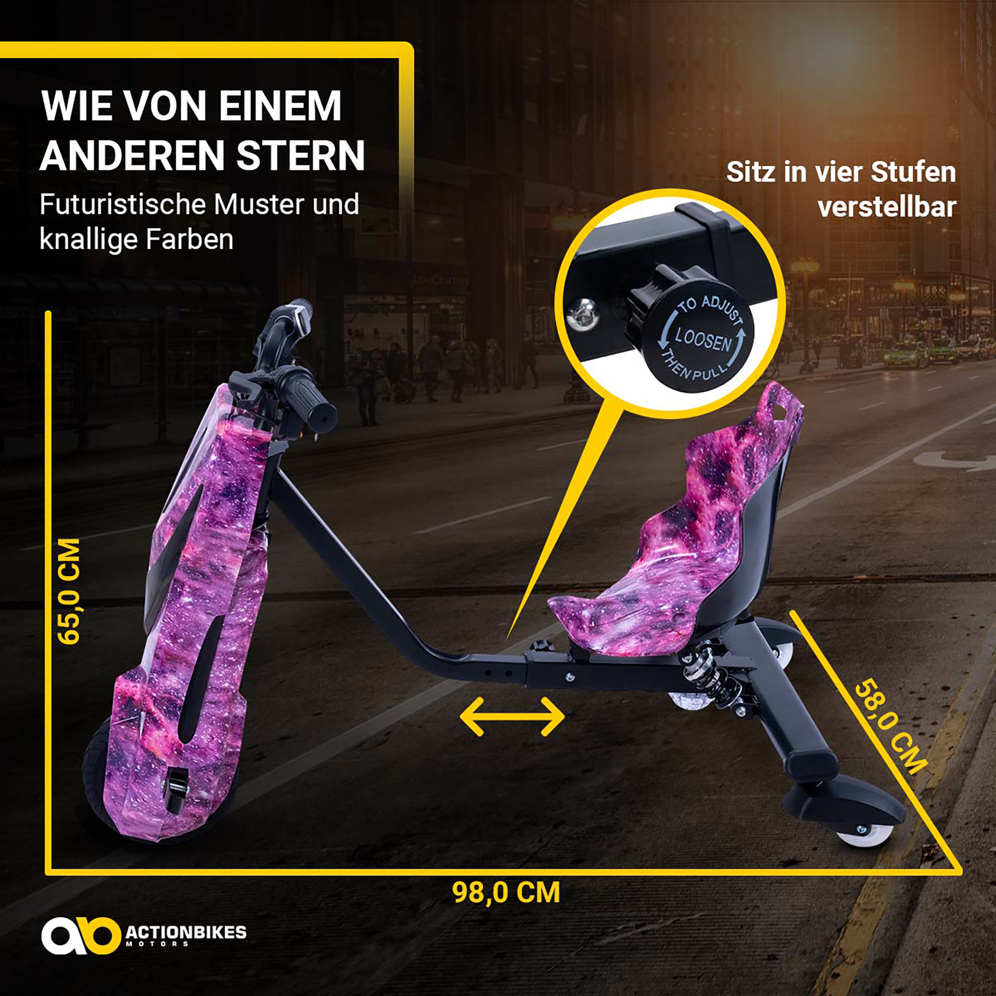 Rosa Go-Kart im Galaxie-Muster mit Maßen, Text und verstellbarem Sitz.