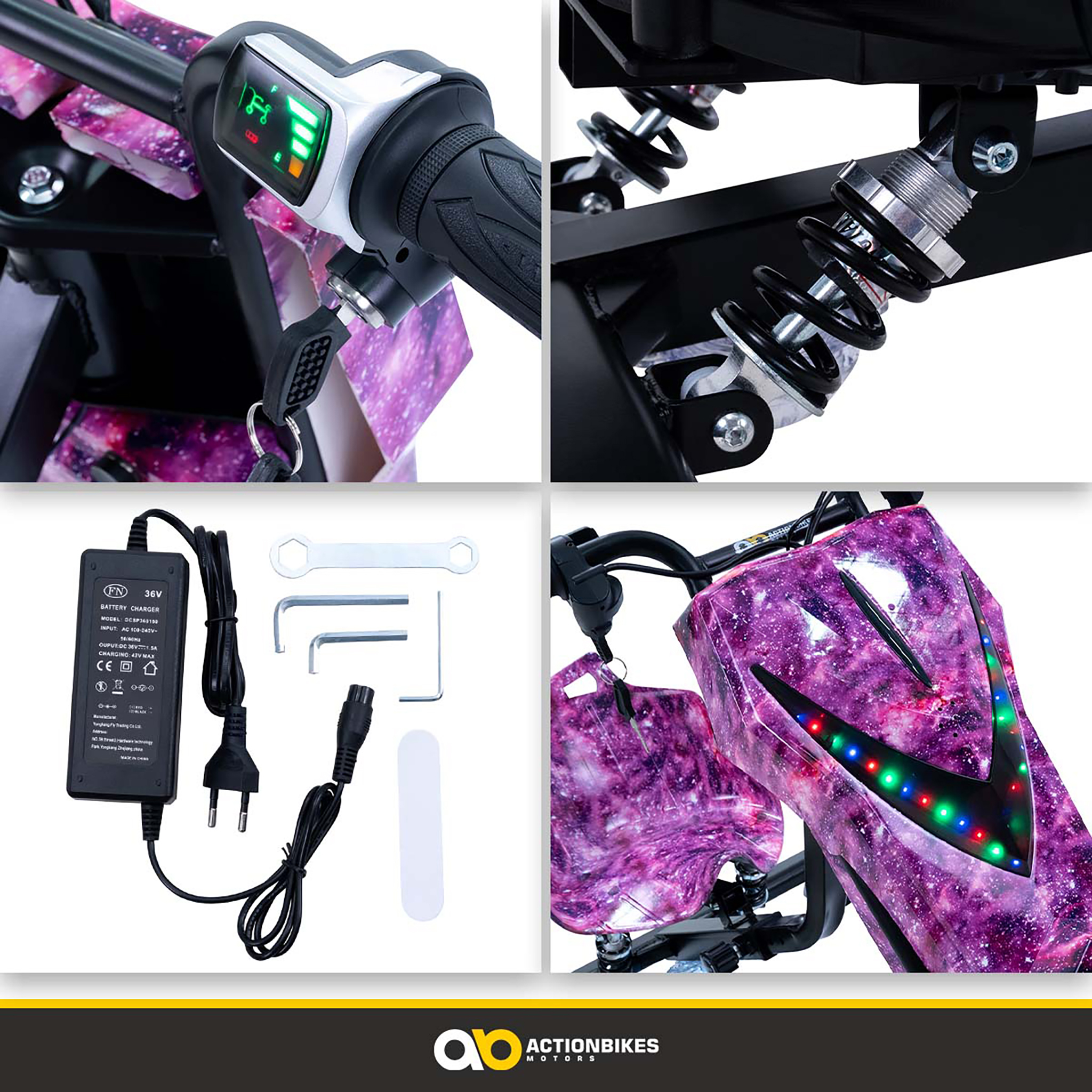 Vier Bilder eines violetten Galaxie-Motorrads mit Ladegerät, Schlüssel, Federung und LED-Lichtern.