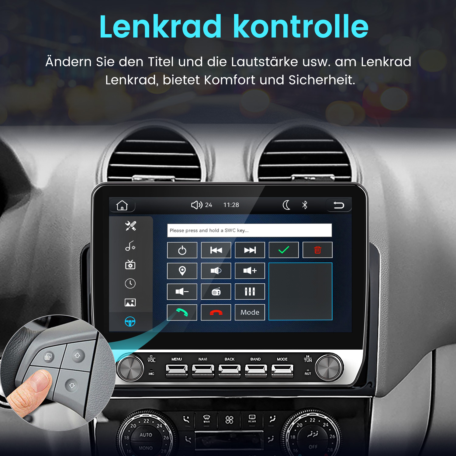Autoinnenraum mit einem großen Touchscreen-Display und Tasten am Lenkrad für Steuerung.