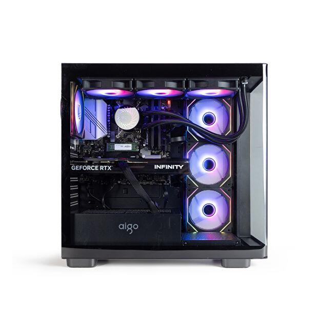 Işıklı RGB fanları, GeForce RTX Infinity ekran kartı ve aigo güç kaynağı olan siyah bir PC kasasının içi.