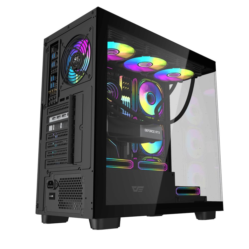 Cam yan panellerine sahip siyah bir bilgisayar kasası, canlı RGB gökkuşağı ışıklarıyla aydınlatılmış.