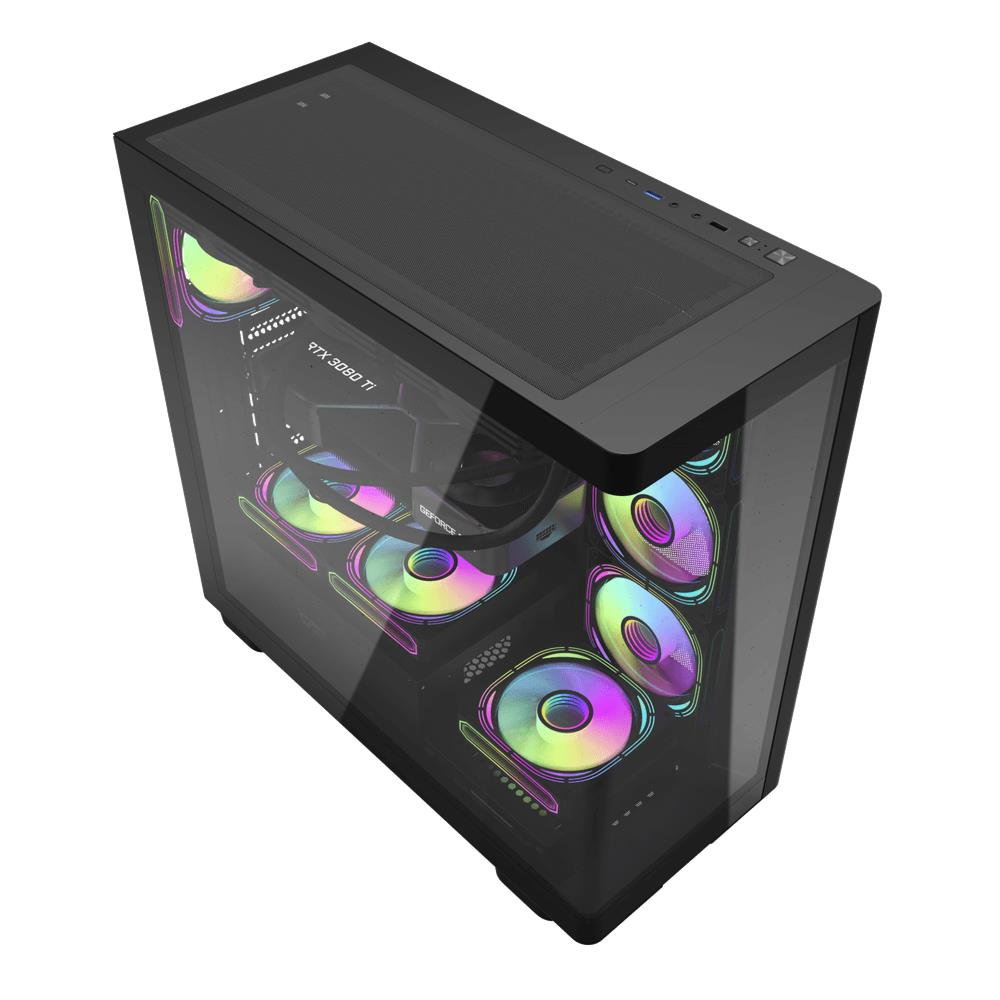 Beyaz arka planda RGB aydınlatmalı fanlara ve cam yan paneline sahip siyah bir oyun PC kasası.