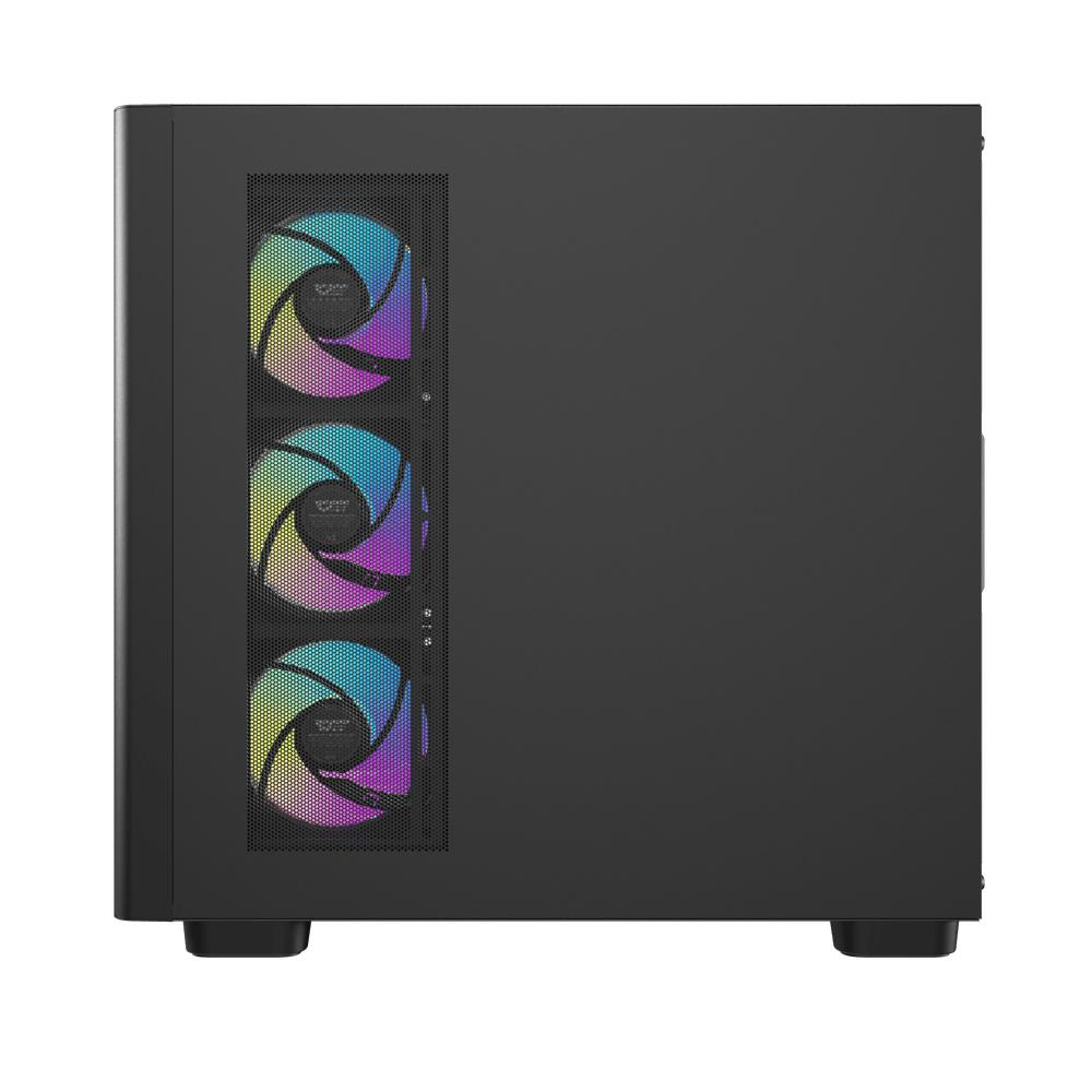 Ön panelinde üç adet aydınlatmalı RGB fan bulunan siyah bilgisayar kasası.