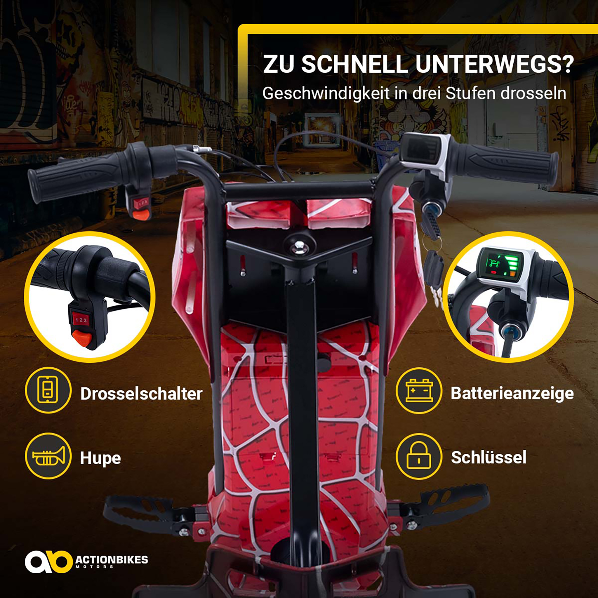 E-Scooter Lenker mit rotem Spider-Design, Drosselschalter, Batterieanzeige, Hupe und Schlüsselschalter.
