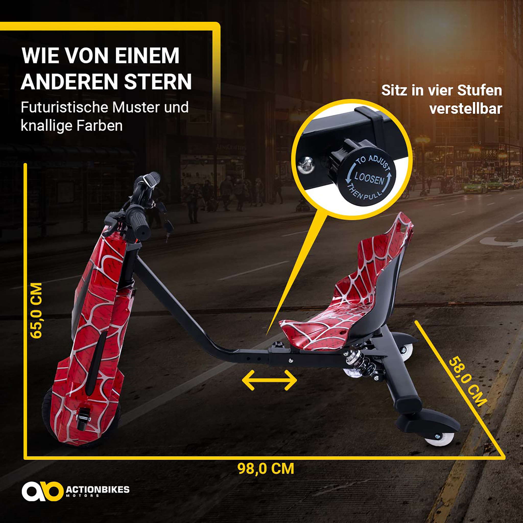 Ein rot-weiß gemusterter Dreirad-Scooter auf einer nächtlichen Stadtstraße mit Maßen.