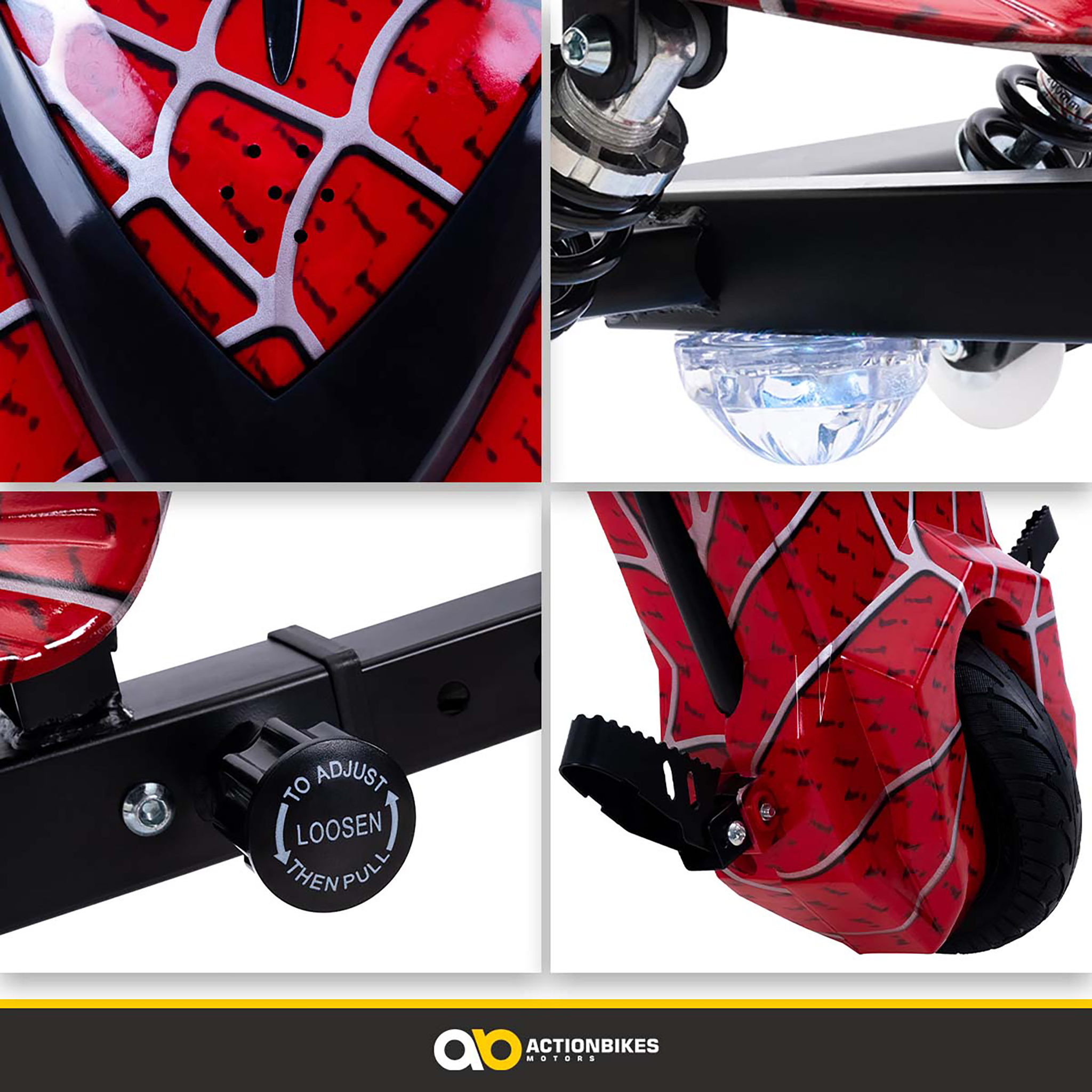 Vier Detailaufnahmen eines roten Go-Karts mit Spinnennetz-Muster, Einstellknopf und Rädern.