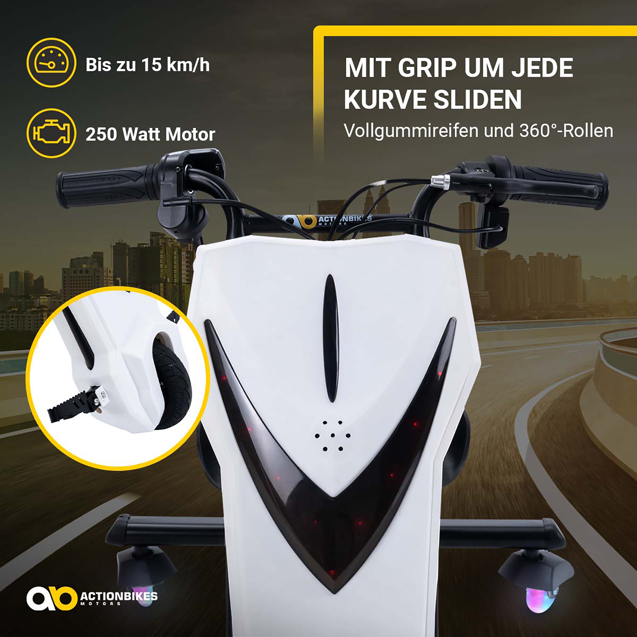 Vorderansicht eines elektrischen Drift-Trikes mit weißem Körper, Lenker und kleinen leuchtenden Rollen.