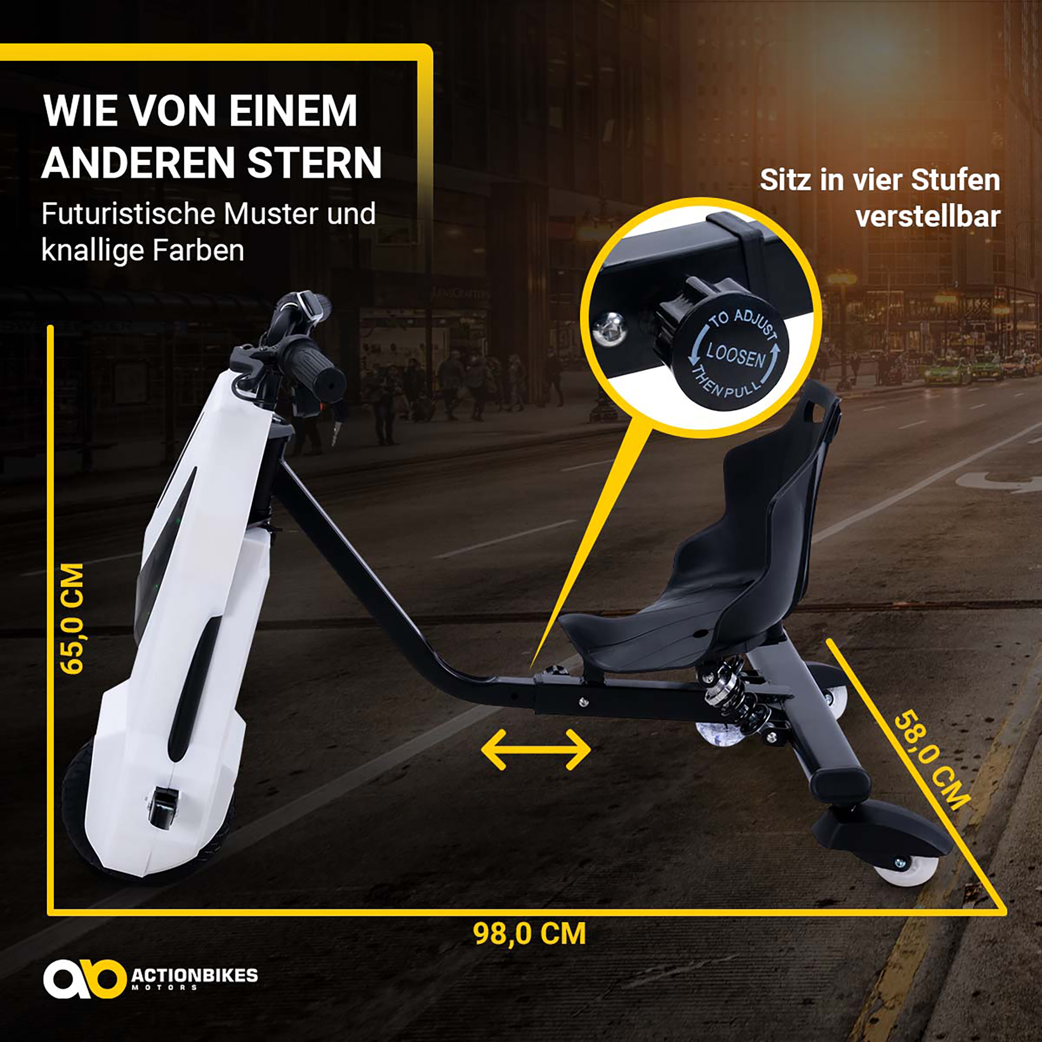 Ein weiß-schwarzes E-Go-Kart mit verstellbarem Sitz, Maßangaben und einem vergrößerten Detail der Sitzeinstellung.