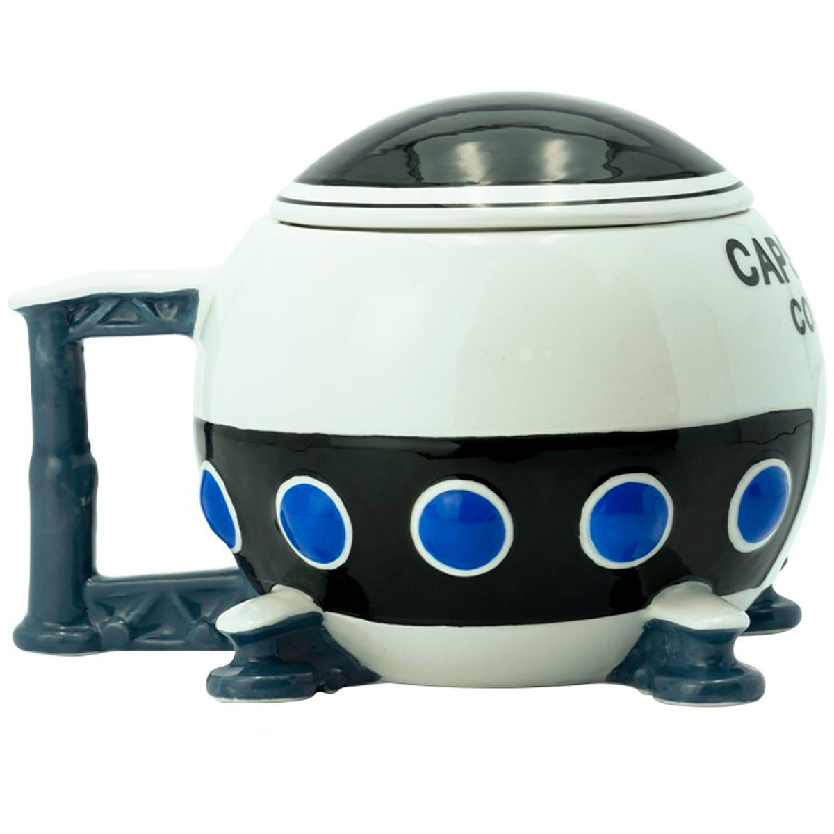 Taza de cerámica con forma de nave espacial, blanca y negra con ojos de buey azules y tapa.