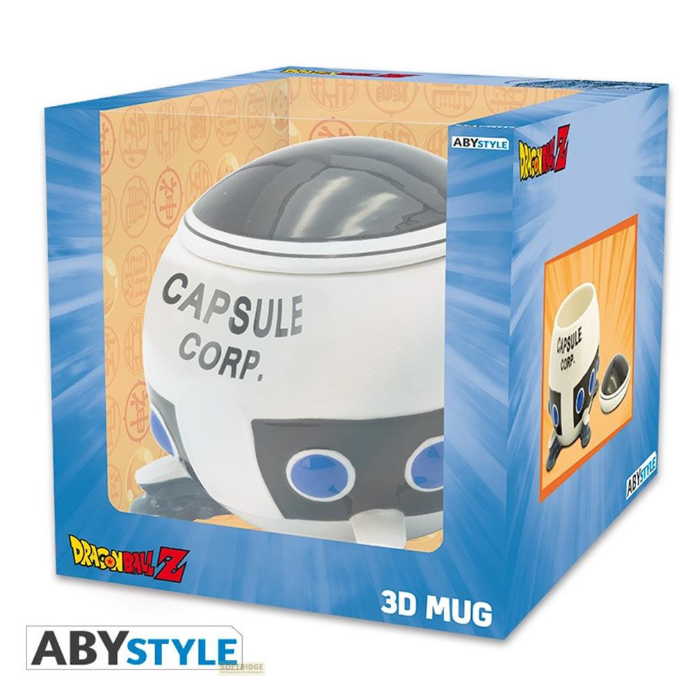 Taza 3D Capsule Corp de Dragon Ball Z en su caja de embalaje.