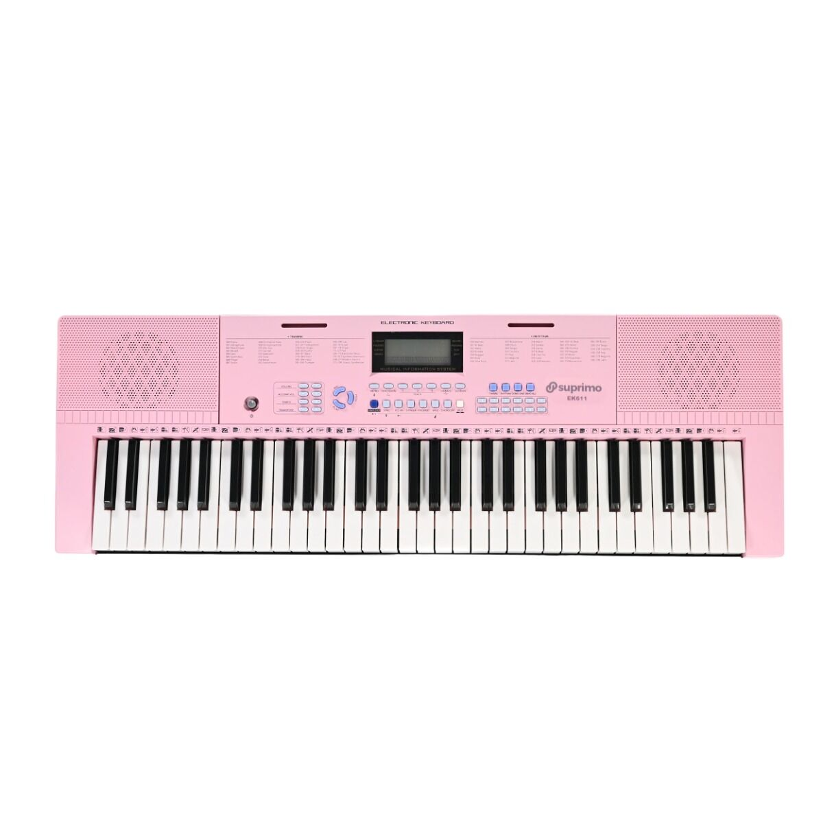 Ein rosafarbenes elektronisches Keyboard mit schwarzen und weißen Tasten, Lautsprechern und einem kleinen Display.