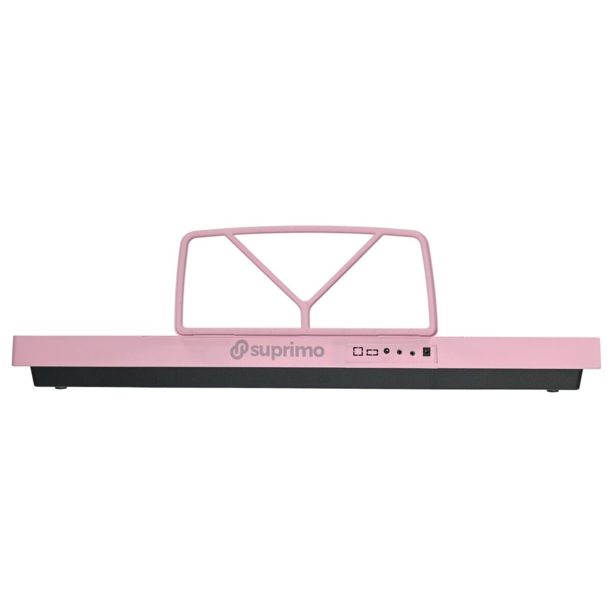 Die Rückseite eines rosa Suprimo-Keyboards mit eingebautem Notenständer und verschiedenen Anschlüssen auf weißem Grund.