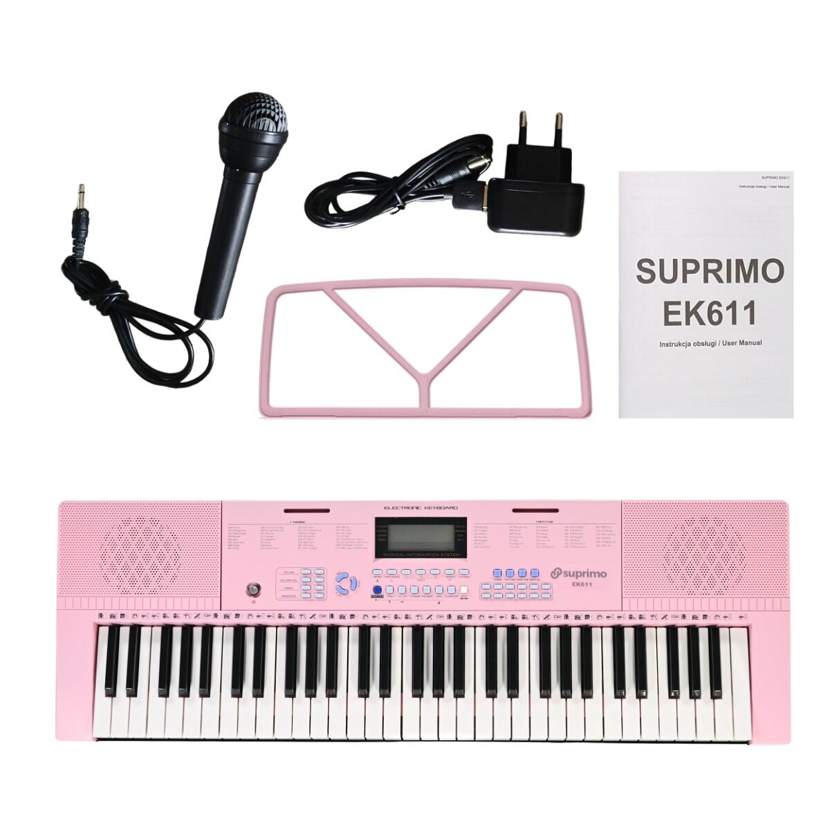 Ein pinkes E-Keyboard mit Mikrofon, Netzteil, Notenständer und Bedienungsanleitung auf weißem Hintergrund.