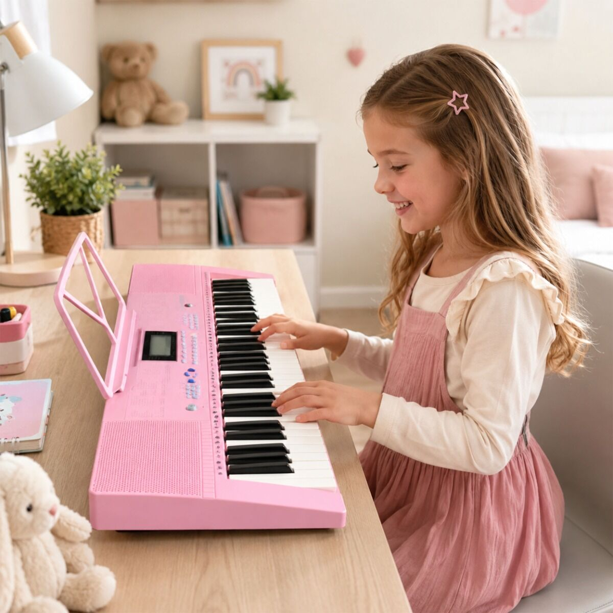 Ein junges Mädchen in einem rosa Kleid spielt glücklich auf einem pinken Keyboard an einem Holztisch in ihrem Zimmer.