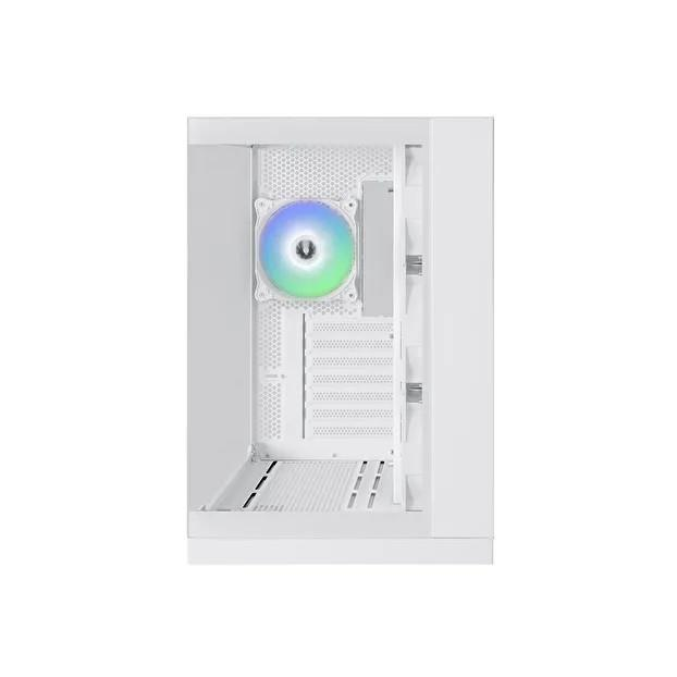 Arka panelinde renkli bir RGB fan bulunan beyaz bilgisayar kasası.