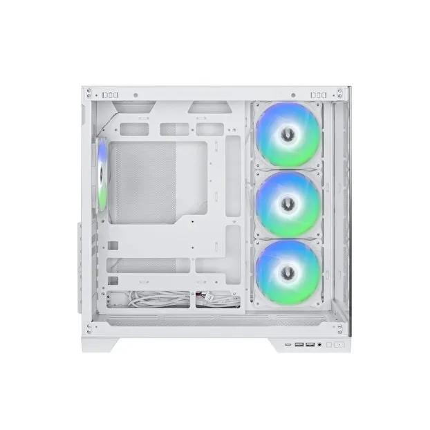 Yanda uc RGB fan ve altta kablolar bulunan beyaz bir PC kasasi.
