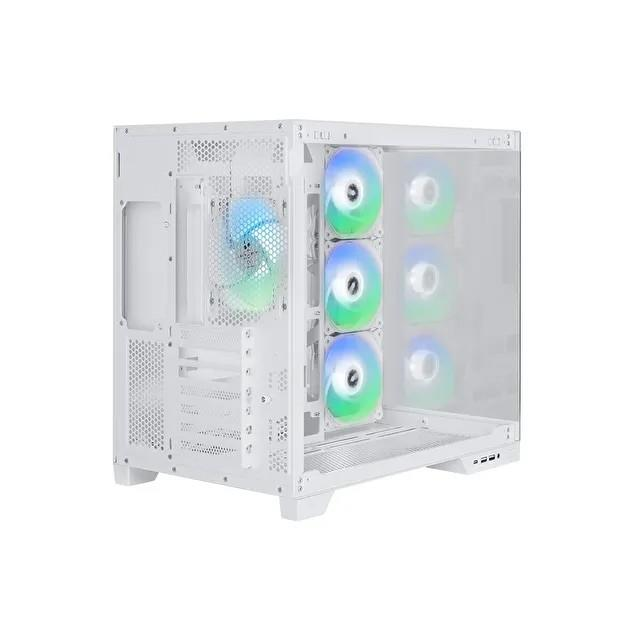 Cam panellerden görülebilen çok sayıda RGB aydınlatmalı fana sahip beyaz bilgisayar kasası.