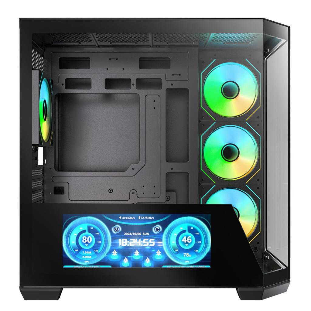 Renkli RGB fanlara ve altta entegre LCD ekrana sahip siyah PC kasası.