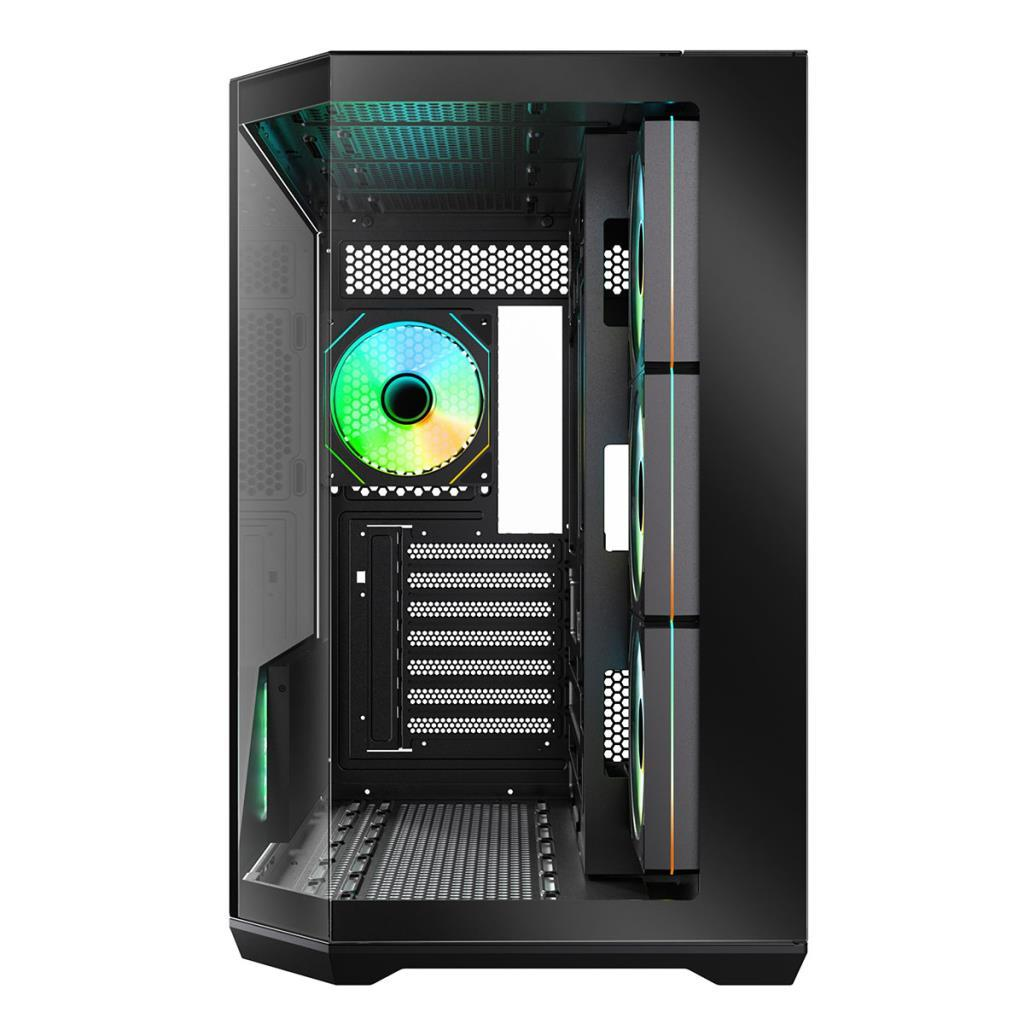 İçinde aydınlatmalı RGB fan ve cam ön panele sahip siyah bilgisayar kasası.