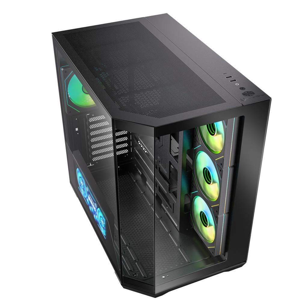 Önü ve yanı cam olan siyah bir PC kasası ve beyaz arka plan önünde parlayan RGB fanlar.