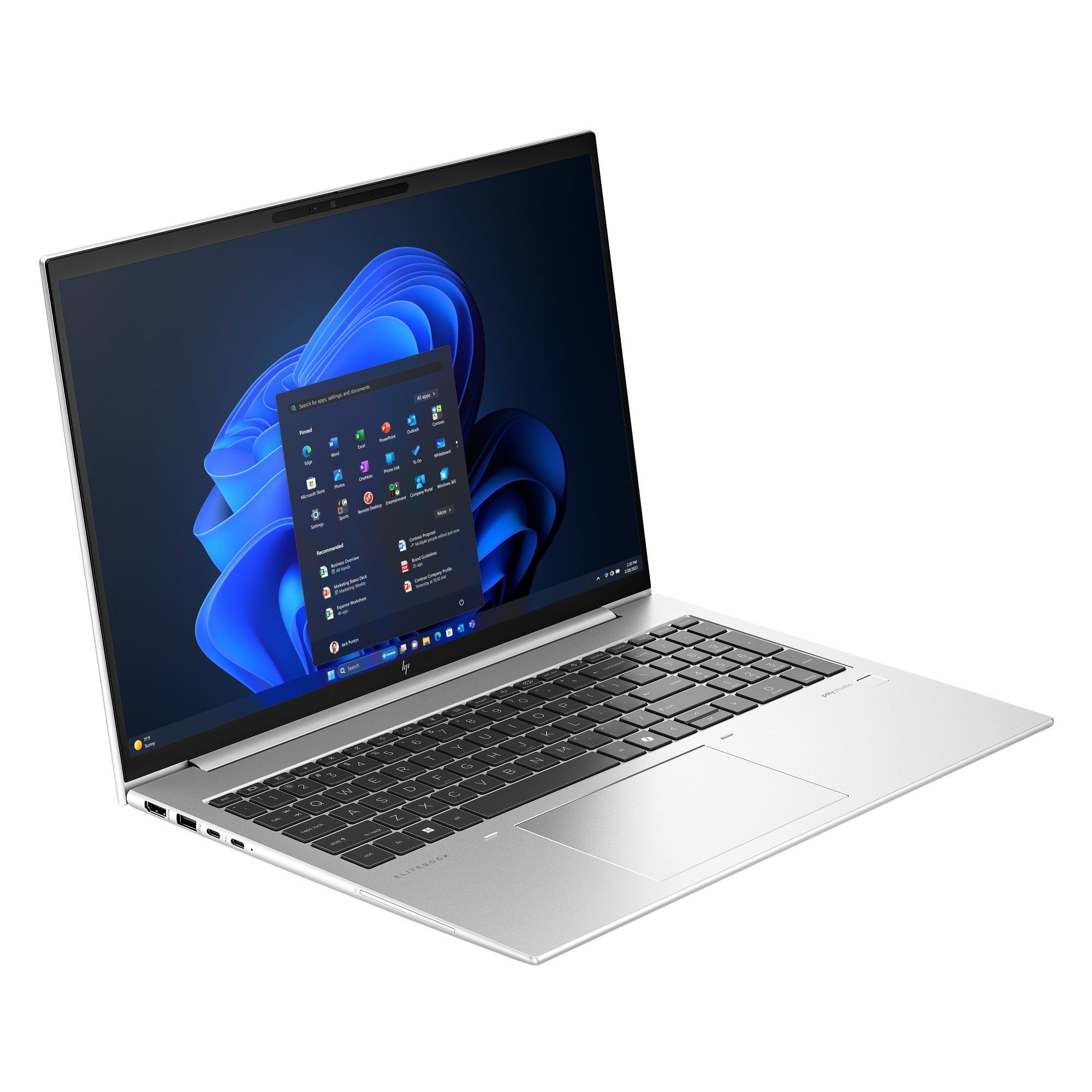 Ein silberner Laptop mit blauem Windows-Bildschirm und schwarzer Tastatur auf weißem Hintergrund.